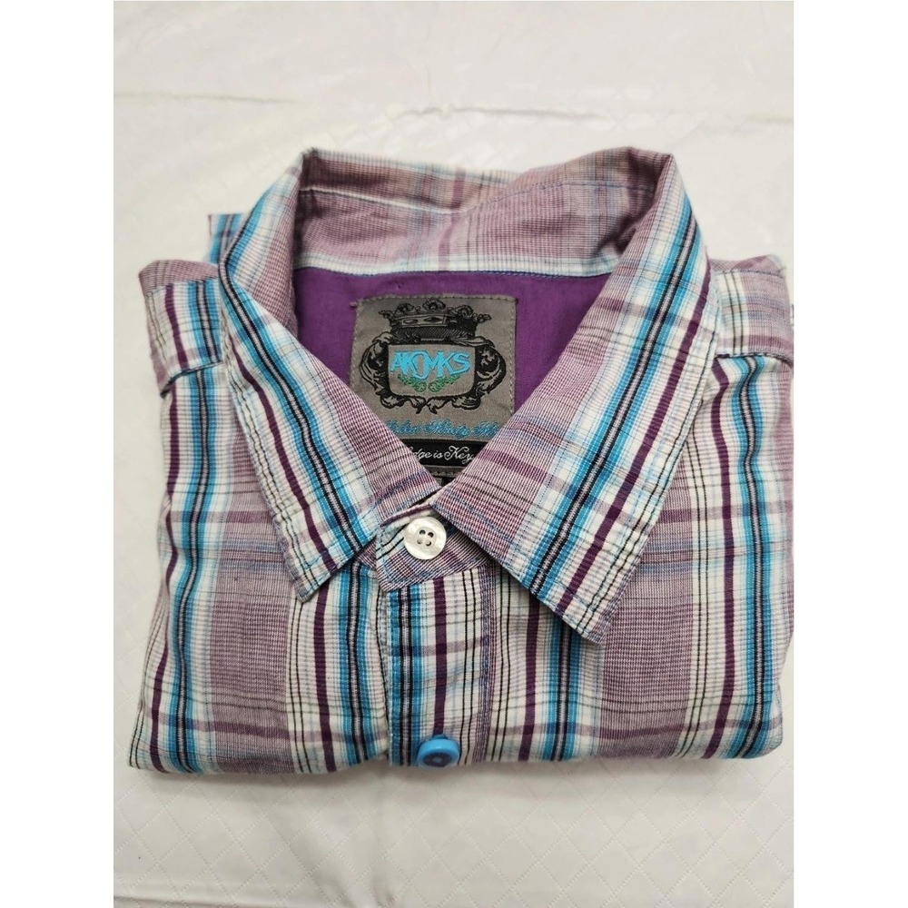 Akademiks Shirt Mens XL Purple Blue Plaid Short Sleeve Button Up Casual Cotton